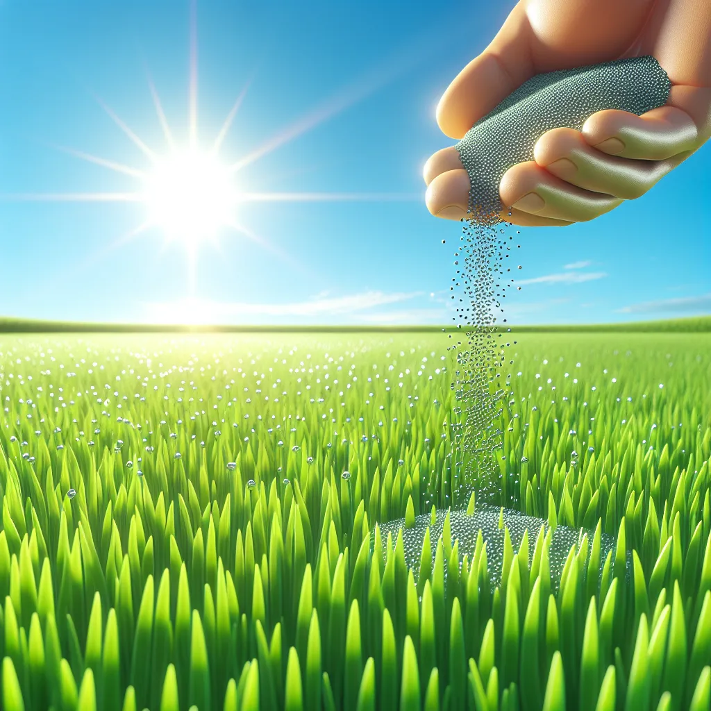 Imagen de un césped verde y saludable siendo fertilizado en un soleado día de verano.