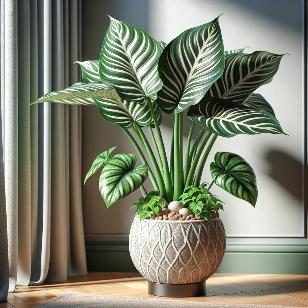 'Imagen destacada de una Alocasia Zebrina saludable con hojas rayadas y brillantes, en una maceta decorativa. La planta se encuentra en un entorno bien iluminado y con óptimas condiciones de humedad.'
