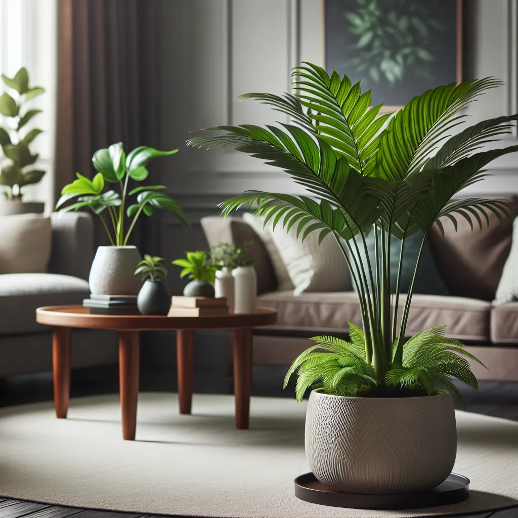 Imagen de una planta de Areca bien cuidada y vibrante en un hogar, mostrando hojas verdes exuberantes y saludable.