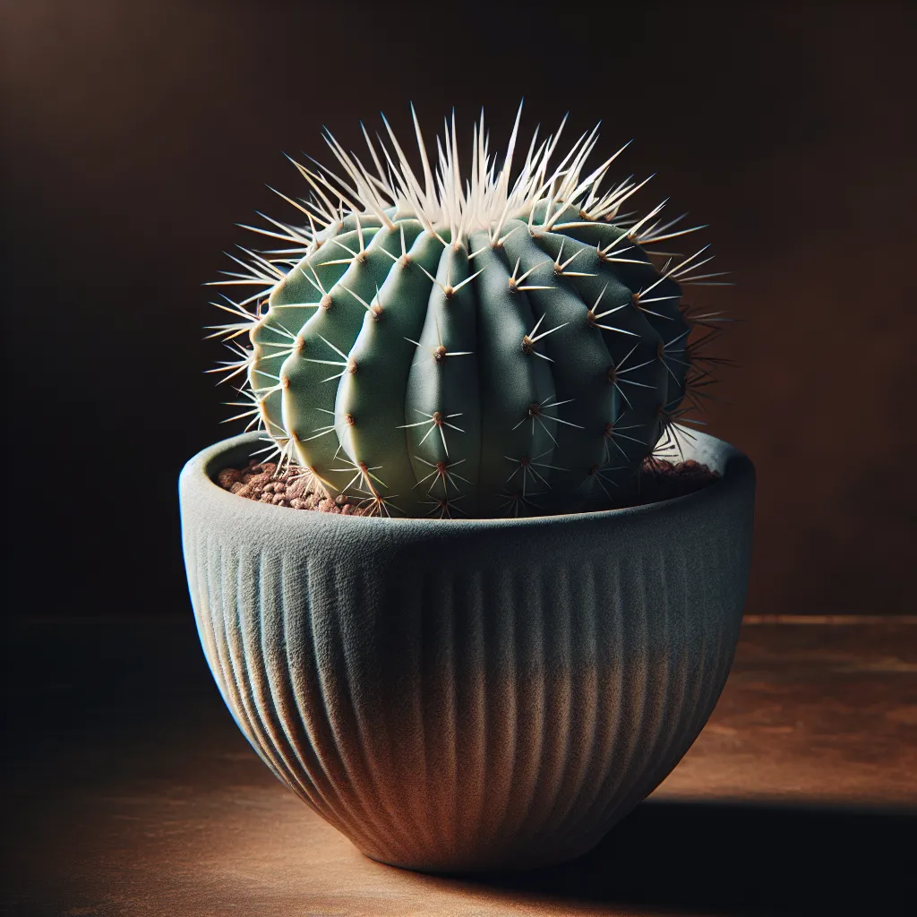 Imagen de un cactus alfileres de Eva en maceta decorativa, resaltando su forma única y espinas delicadas, ideal para interiores.