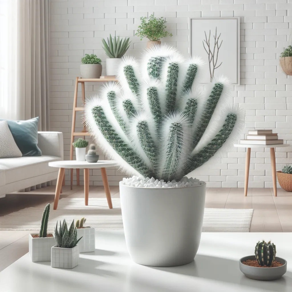 Foto de un cactus alfileres de Eva en maceta blanca decorando un interior luminoso.
