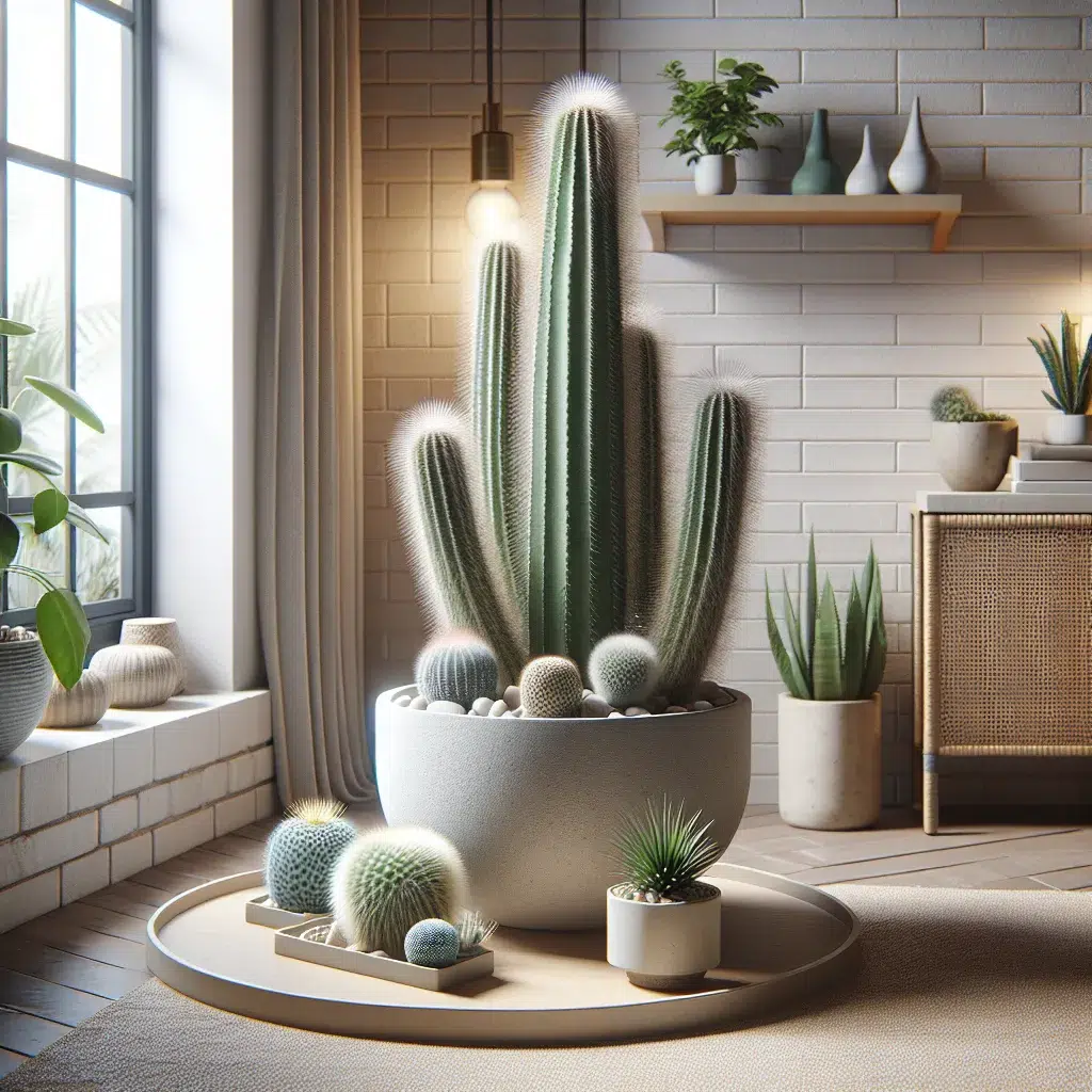 Imagen de un cactus alfileres de Eva en una maceta decorativa dentro de un hogar, mostrando su belleza y fácil cuidado en interiores.