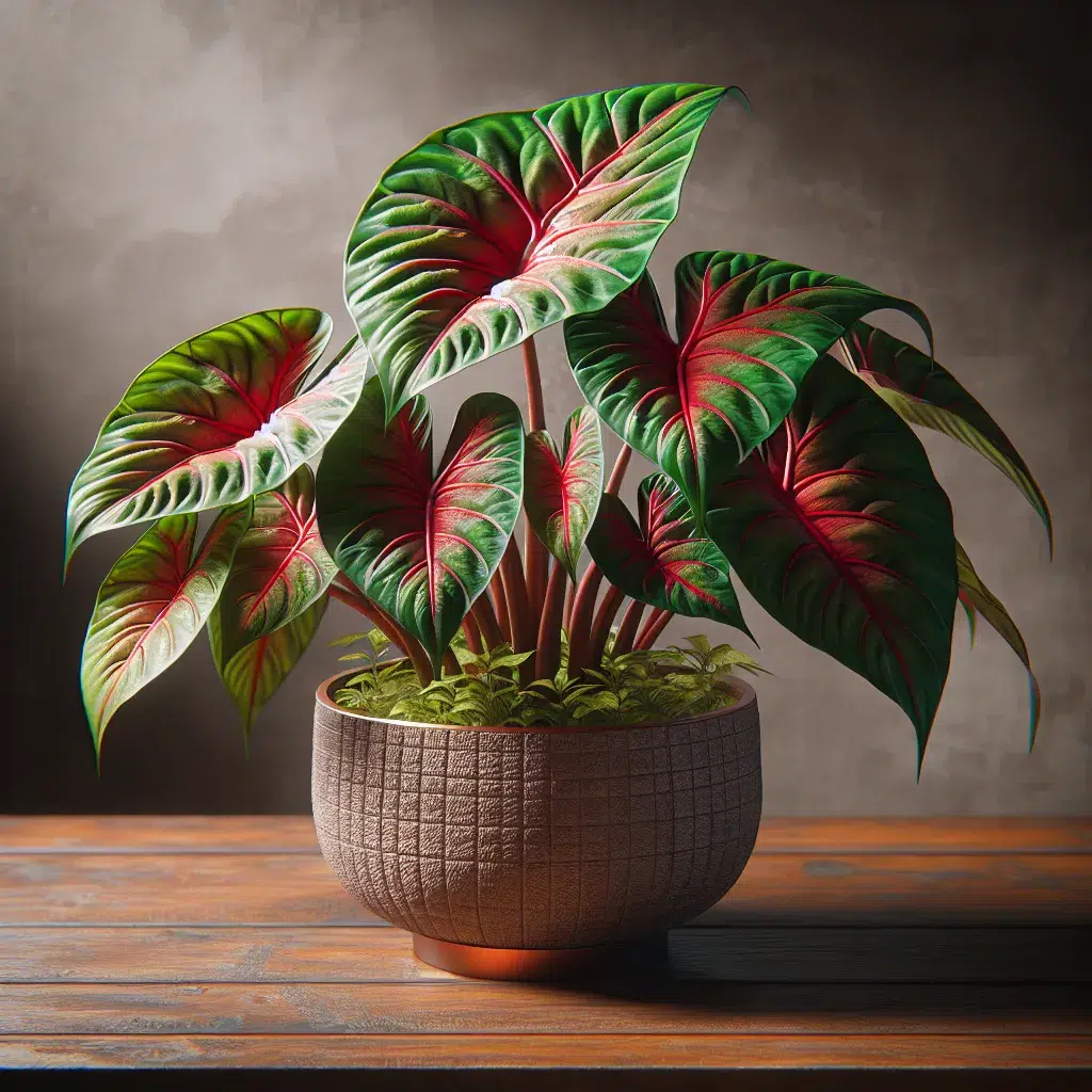 Imagen de una planta de caladium saludable y vibrante, con hojas verdes y rojas brillantes en maceta sobre una mesa de madera.