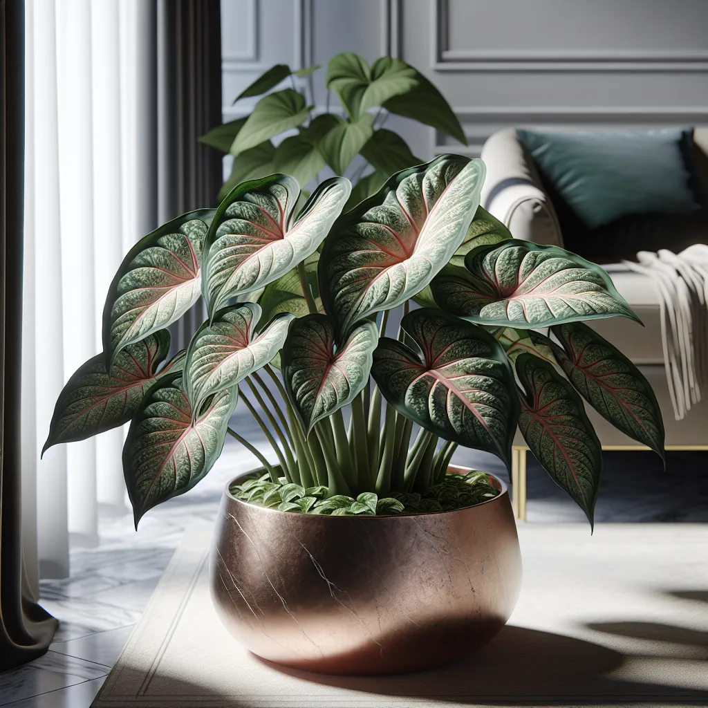 Imagen de una planta de caladium saludable y vibrante, en un entorno bien iluminado y cuidado, como ejemplo de una planta bien mantenida.