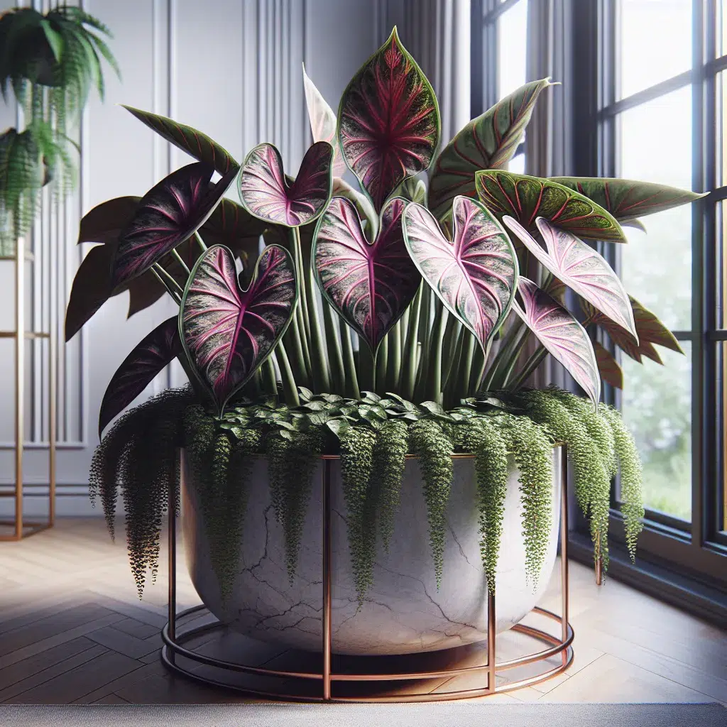 Imagen de una hermosa planta de caladium sana y vibrante, en un entorno bien iluminado y cuidado.