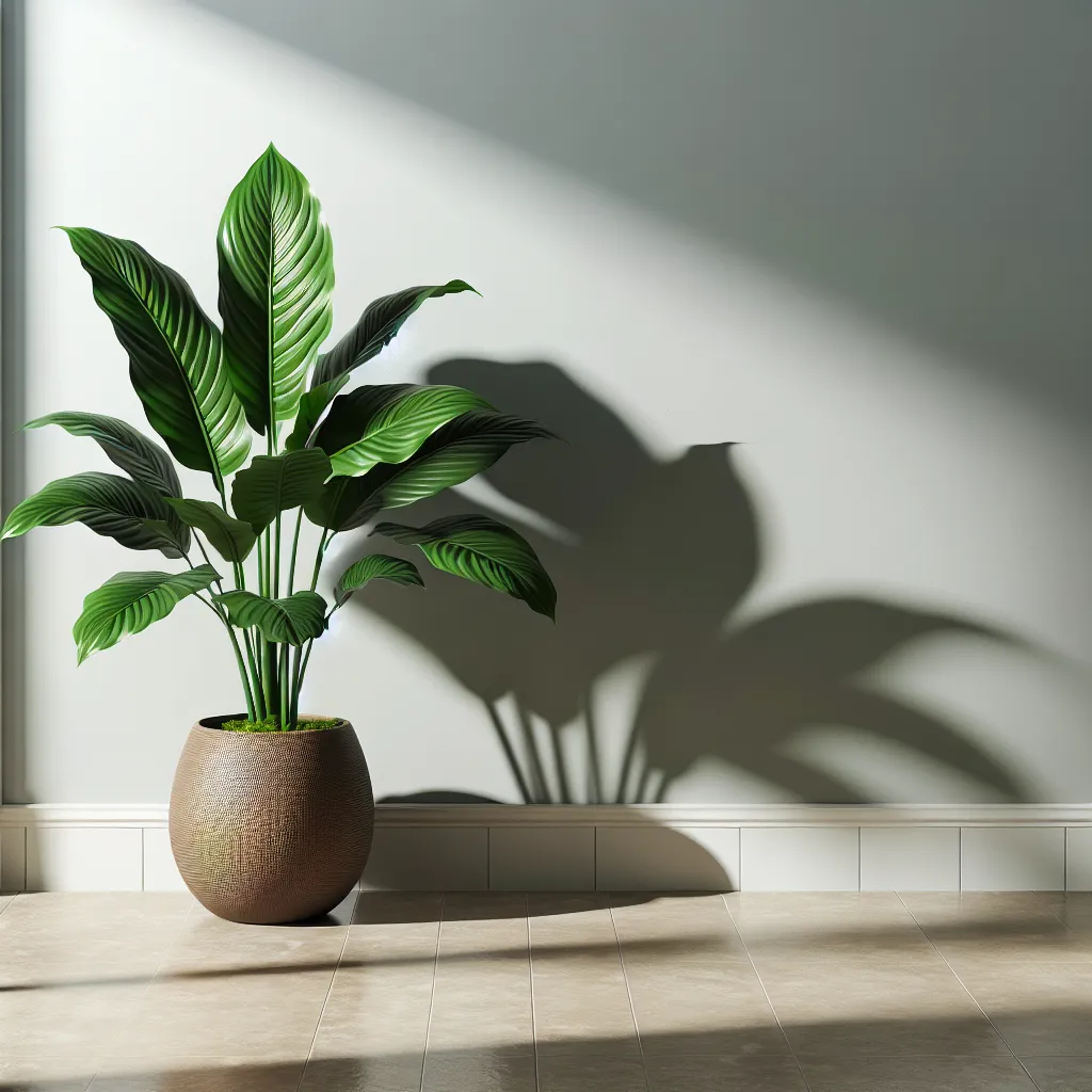 Imagen de una planta Calathea ubicada en un rincón luminoso de una sala decorada con estilo minimalista, mostrando hojas verdes y vibrantes en contraste con su entorno.