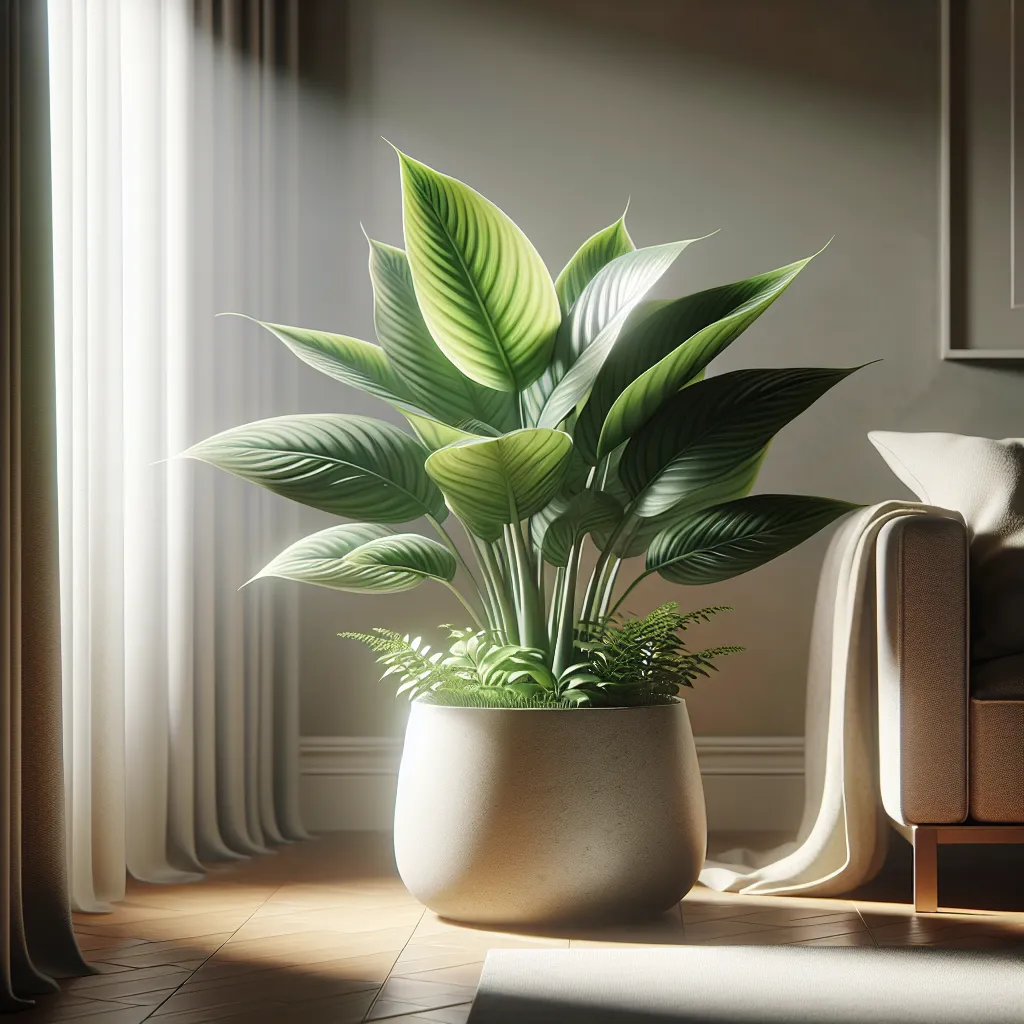 Una hermosa planta Calathea en maceta decorativa, iluminada por la luz natural en un ambiente interior acogedor.