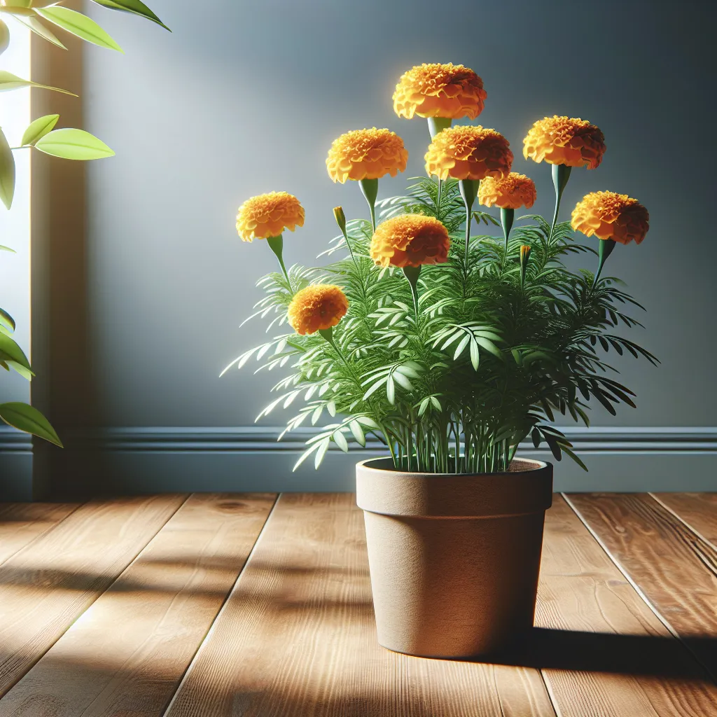Imagen de una maceta con una planta de caléndula saludable y floreciente, mostrando foliolos verdes y flores amarillas vibrantes, colocada en un entorno soleado y bien cuidado.