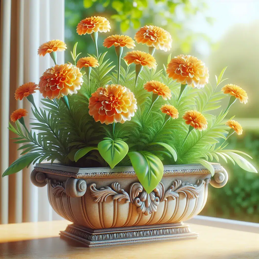 Imagen de una hermosa maceta con flores de Caléndula color naranja brillante y hojas verdes en un entorno soleado y acogedor.