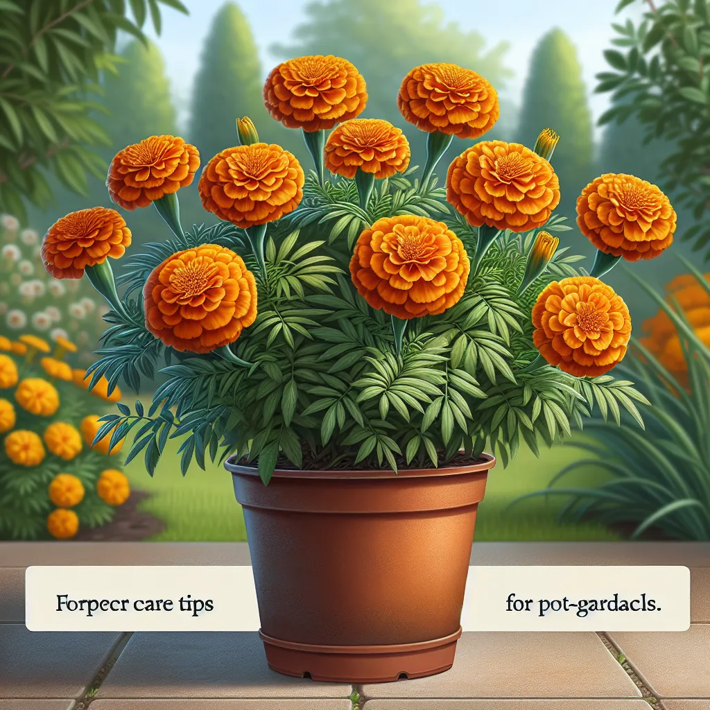Imagen de una maceta de Caléndula bien cuidada con flores de color naranja brillante en un fondo de jardín. Aprende a cuidar tu Caléndula en maceta siguiendo los consejos en el artículo.