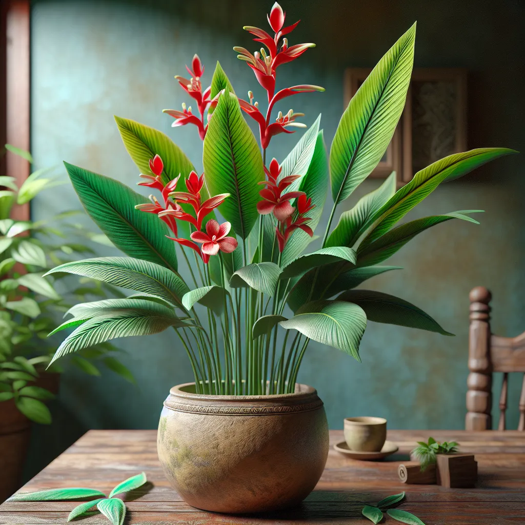 Imagen de una planta de Canna Indica con hojas verdes y flores rojas en una maceta de cerámica en un ambiente hogareño.
