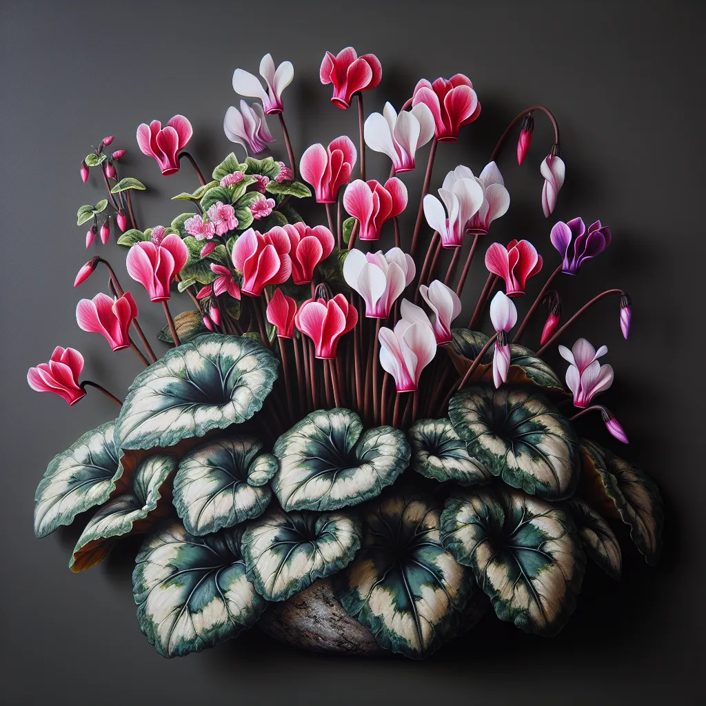 Imagen de un ciclamen con flores coloridas y vibrantes, decorando un espacio interior o exterior.