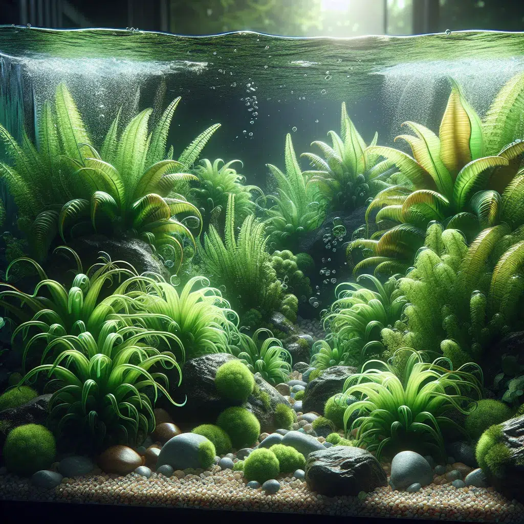 Foto de un acuario con Cladophora verde saludable y brillante, destacando la belleza y cuidados necesarios para mantenerla en óptimas condiciones.