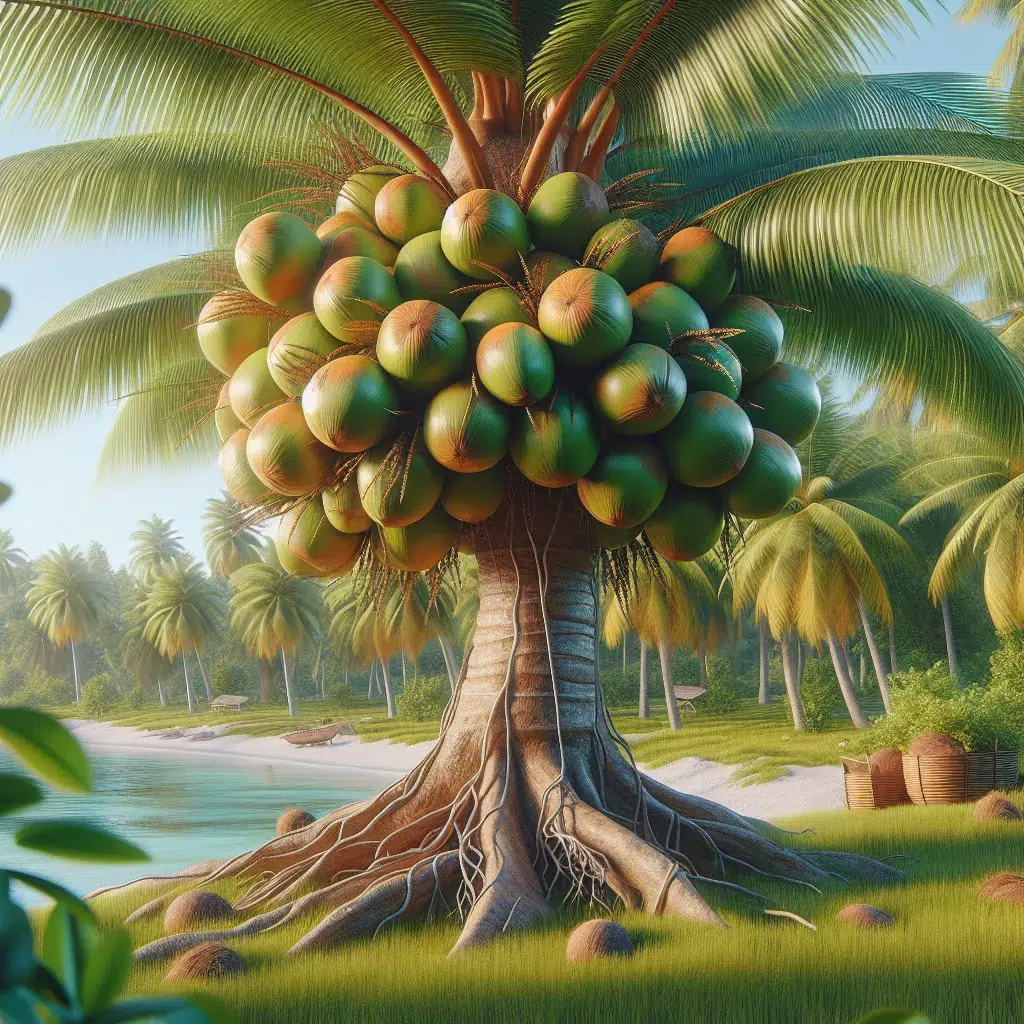 Imagen de un cocotero saludable y frondoso, con frutos maduros en un entorno tropical, ilustrando el correcto cuidado de esta planta.