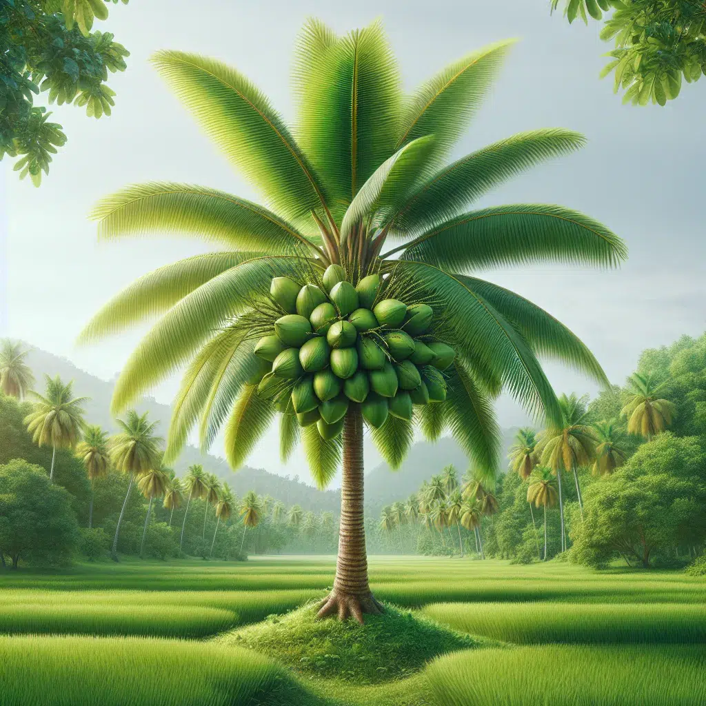 Imagen: Cocotero con hojas verdes y cocos maduros en una plantación tropical, ilustrando cómo cuidarlo adecuadamente.