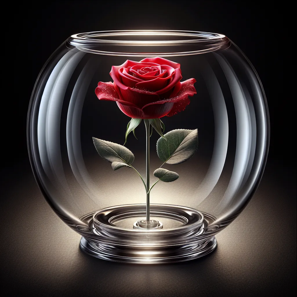 Un jarrón de cristal transparente con una delicada rosa roja eterna, realzando su belleza y elegancia en cualquier espacio.