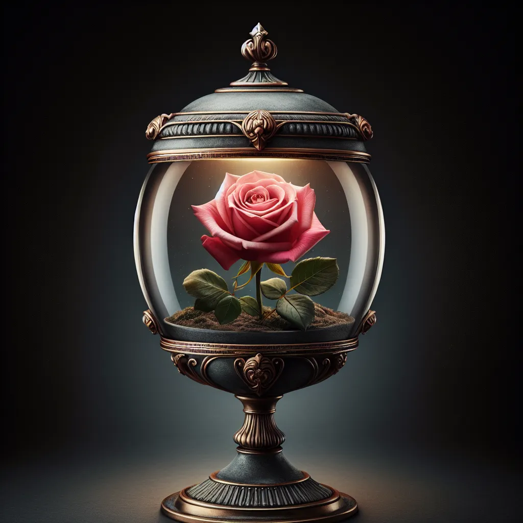 Rosa eterna en un jarrón decorativo, símbolo de belleza que perdura.