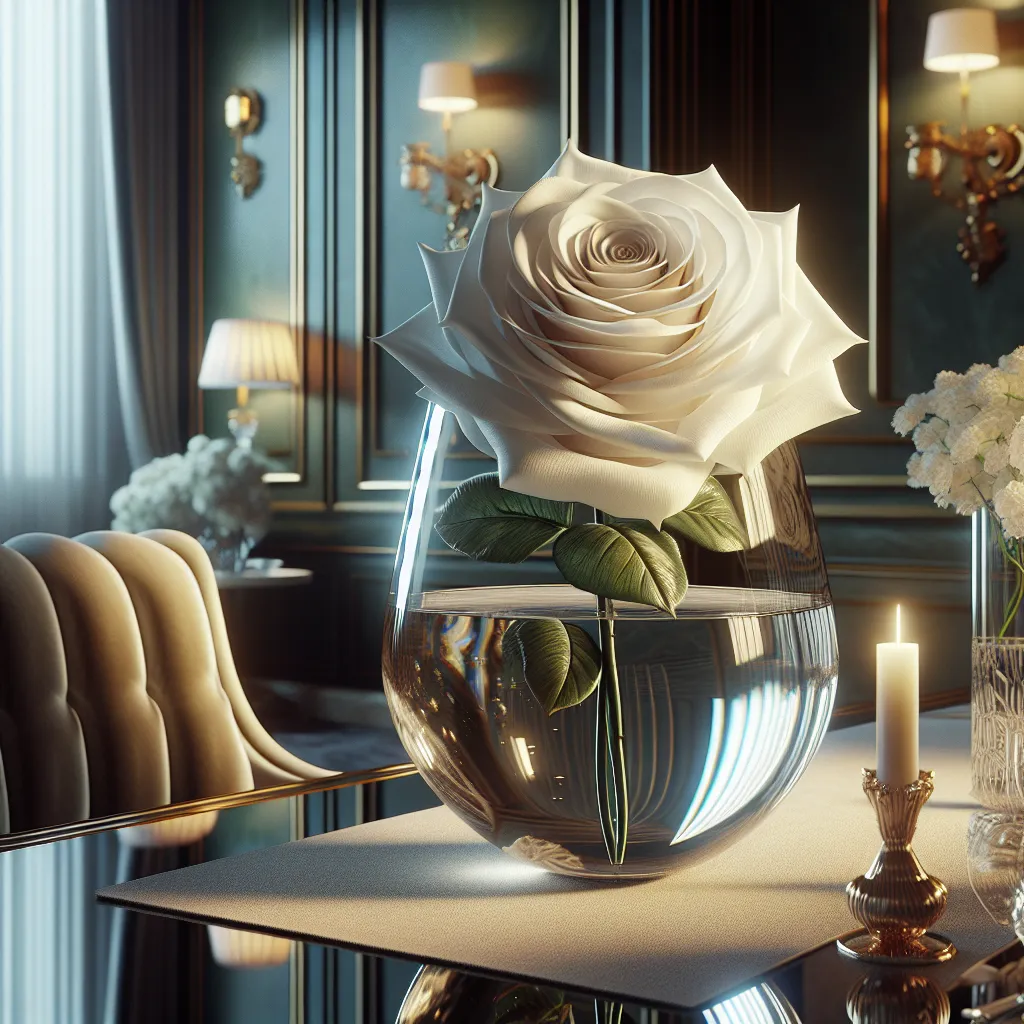 Jarrón de cristal con una rosa eterna en perfecto estado, decorando una elegante mesa