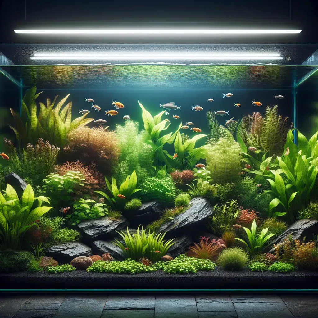 Imagen de un acuario con plantas acuáticas vibrantes y saludables, creando un ambiente acuático armonioso y equilibrado.