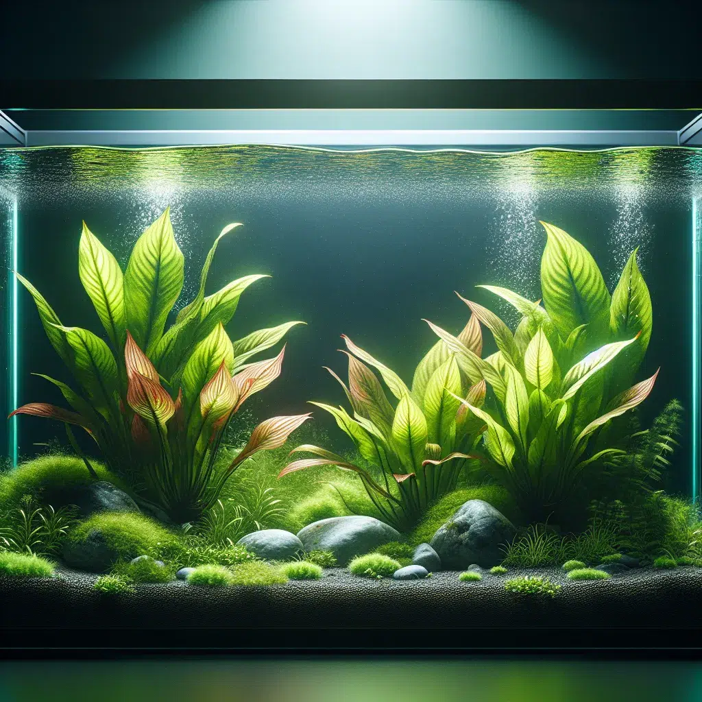 Tres plantas acuáticas saludables en un acuario con iluminación suave y agua cristalina.