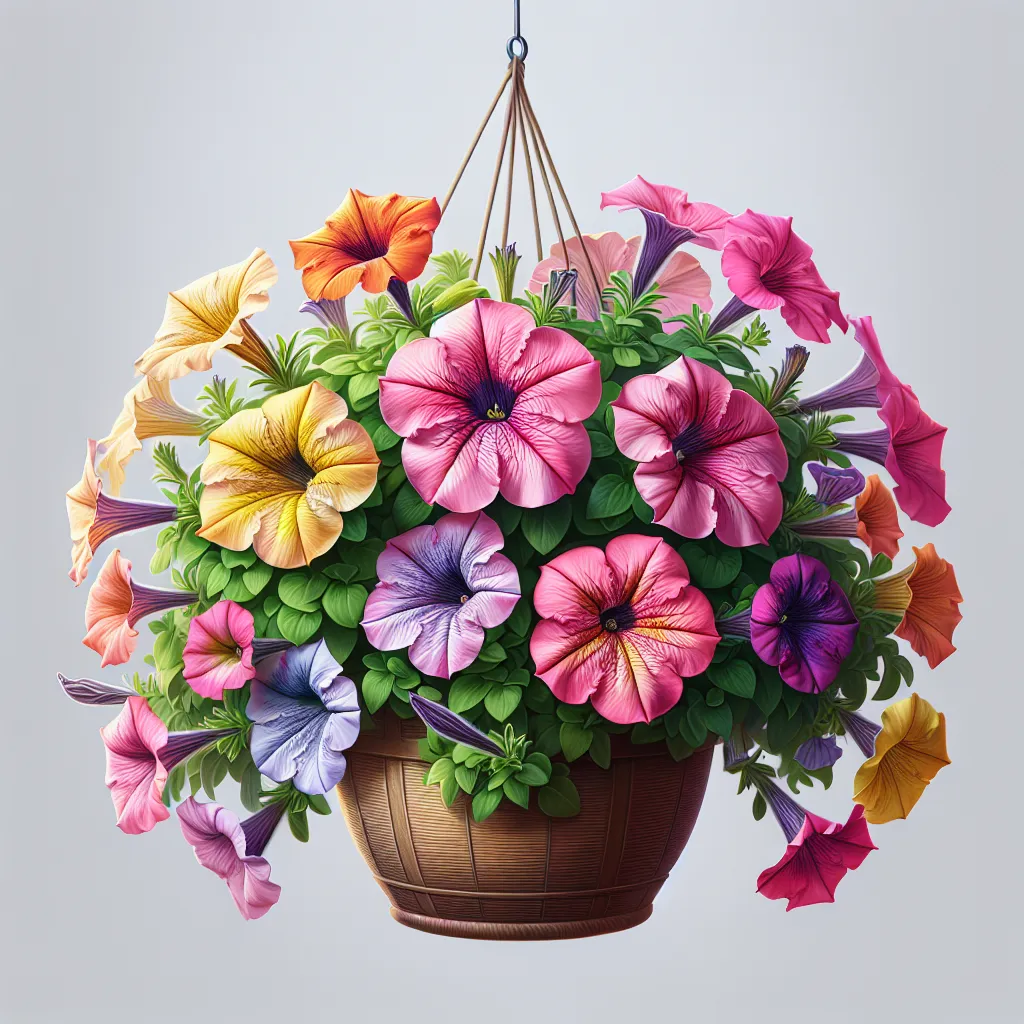 Imagen de Surfinias y Petunias colgantes en macetas, mostrando su belleza y vibrantes colores para ilustrar cómo cuidarlas adecuadamente.