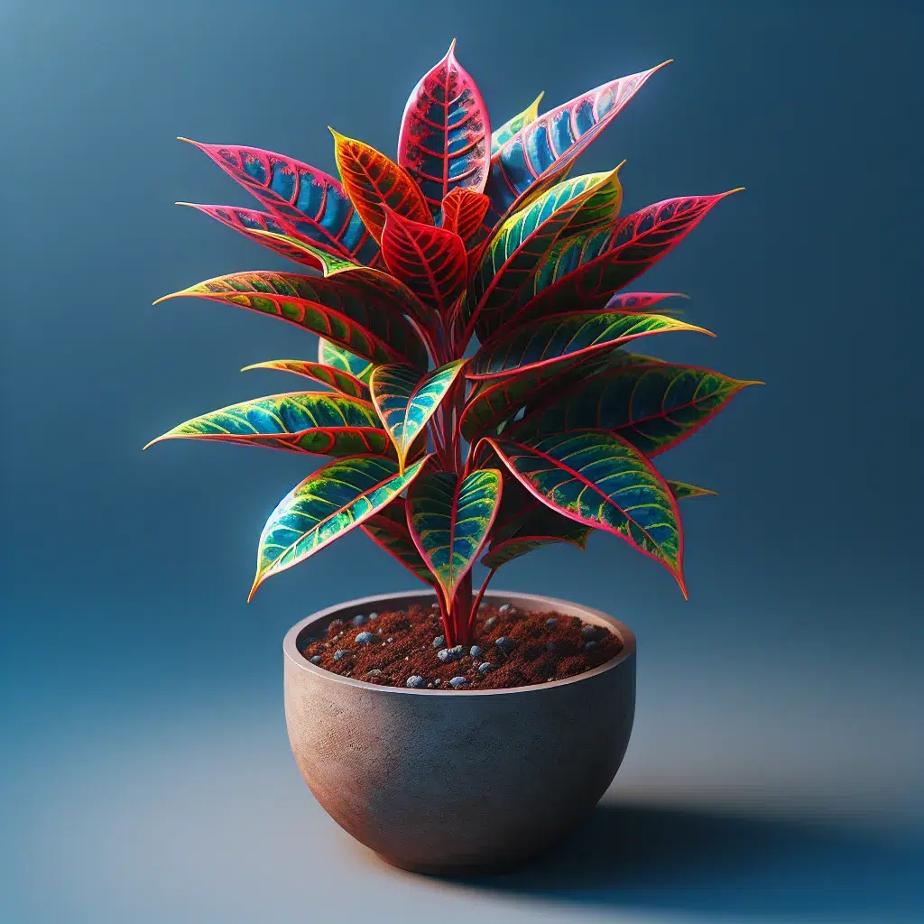 'Imagen de una planta de crotón Excellent en una maceta con tierra, mostrando su follaje colorido y brillante.'