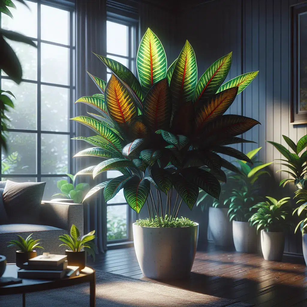 Imagen de una planta de crotón Excellent en un entorno hogareño bien iluminado, con hojas vibrantes y saludables, reflejando cuidado y atención adecuados.