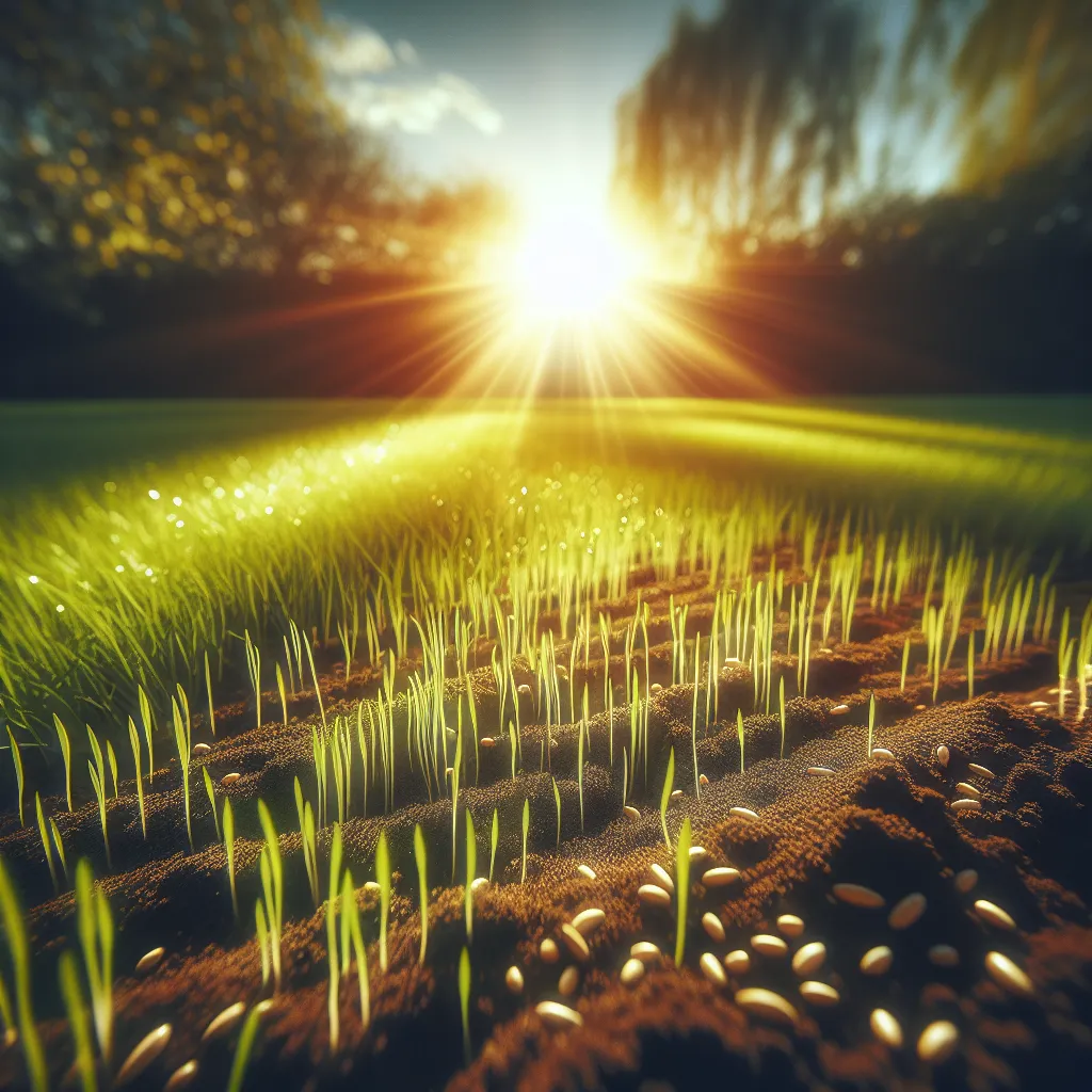 Imagen de un jardín con césped recién sembrado en un día soleado, mostrando el proceso de siembra de césped para lograr un crecimiento exitoso.