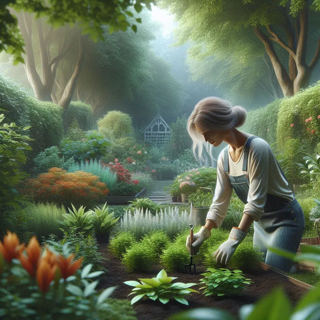 Imagen de un paisaje de jardín con un experto jardinero trabajando en él, aplicando los consejos del artículo para lograr un espacio verde exuberante y hermoso.