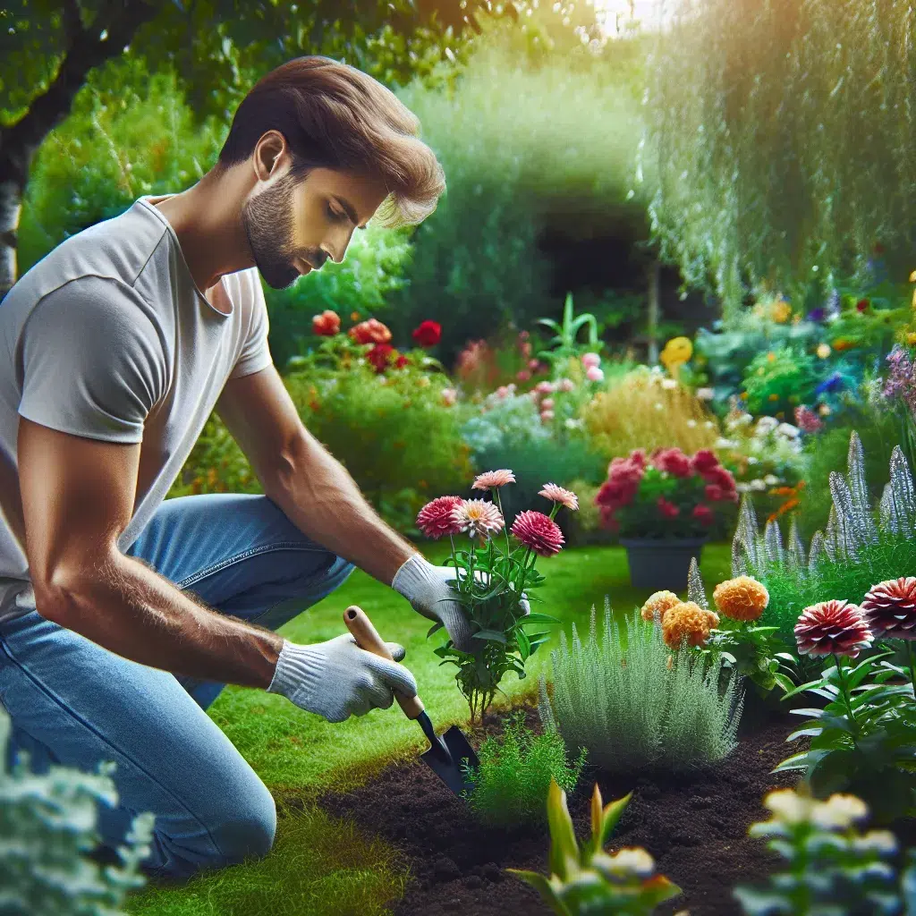 Imagen de una persona plantando flores en un hermoso jardín, siguiendo los consejos del artículo '7 consejos para ser un experto jardinero'.