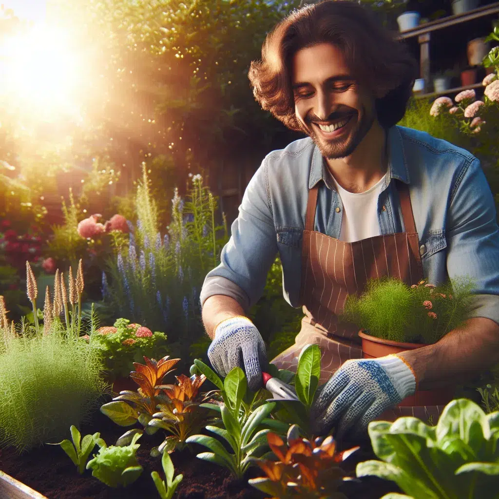 Imagen de una persona sonriente y feliz mientras cuida de sus plantas en un jardín, ilustrando los consejos para ser un experto jardinero.