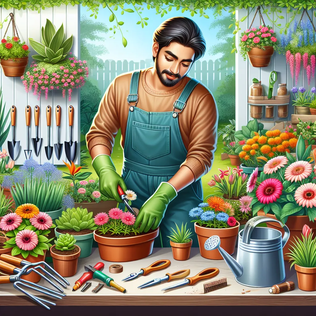 Imagen de un jardinero plantando flores en un jardín, acompañado de herramientas de jardinería y plantas florecientes, ilustrando los 7 consejos para ser un experto jardinero.