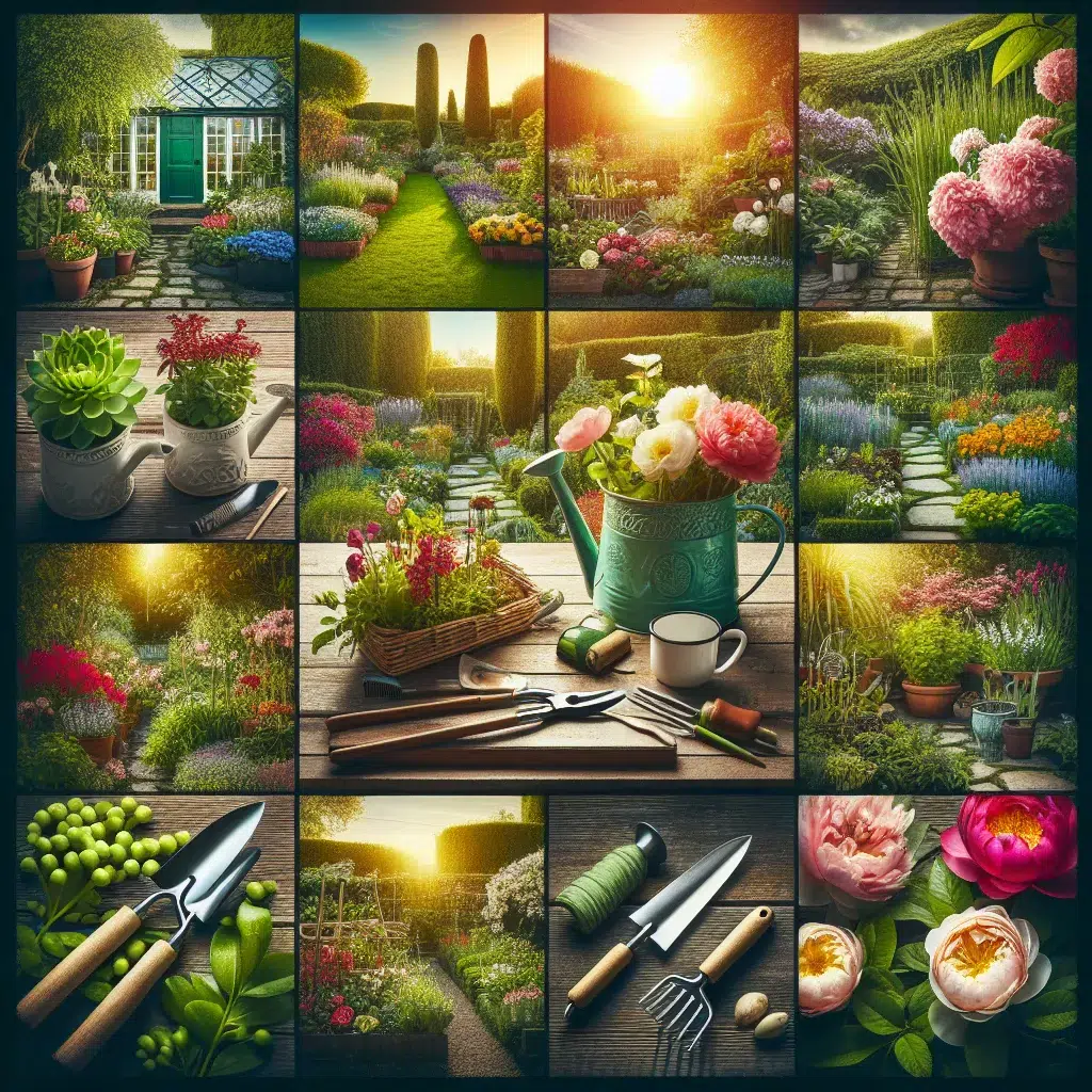 Collage de hermosos jardines con flores, plantas y herramientas de jardinería, ilustrando los 7 consejos para convertirte en un experto jardinero.