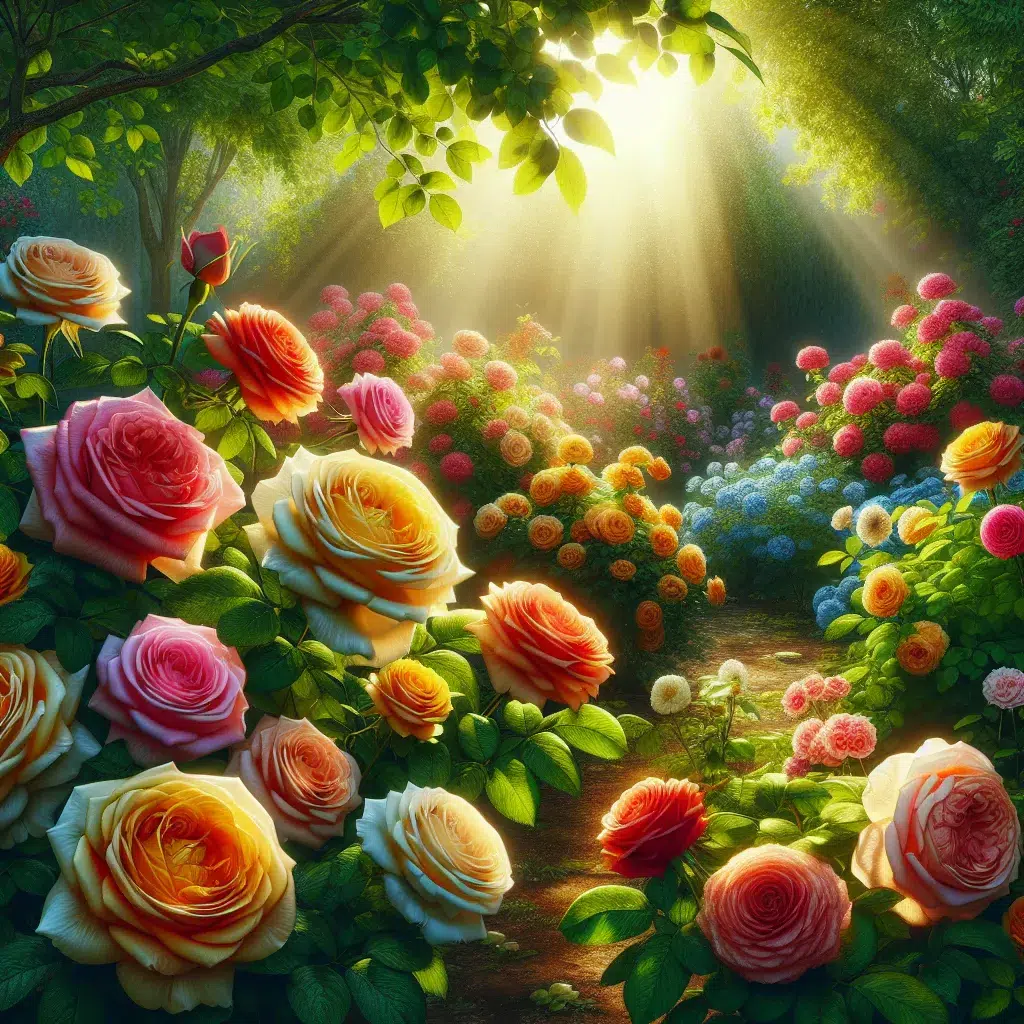 Imagen de un hermoso jardín con rosas saludables y coloridas, simbolizando la belleza y vitalidad de las plantas cuidadas adecuadamente.