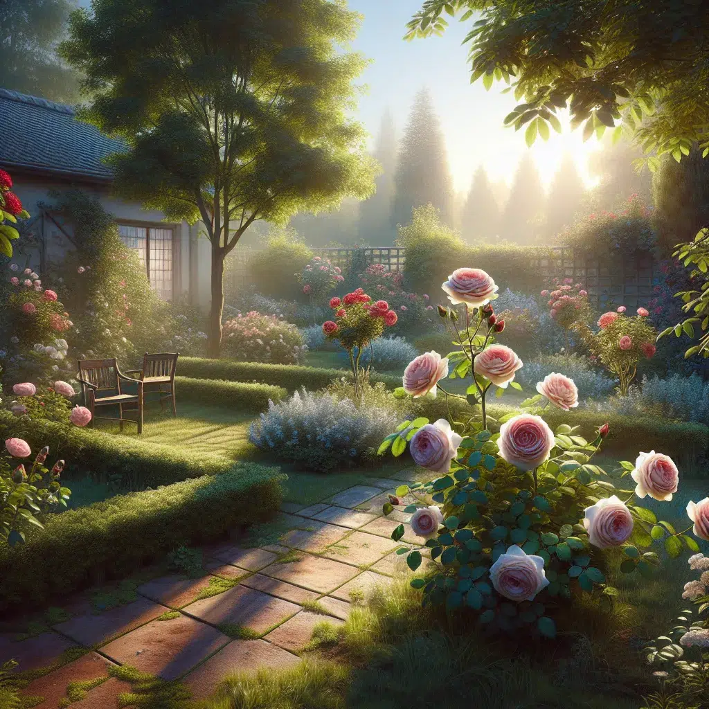 Imagen de un delicado rosal en un próspero jardín, resplandeciente bajo la luz del sol, mostrando la belleza de cuidar adecuadamente las rosas en tu hogar.