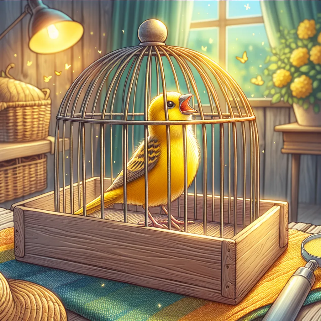 Imagen de un canario amarillo cantando en su jaula en un ambiente hogareño y acogedor