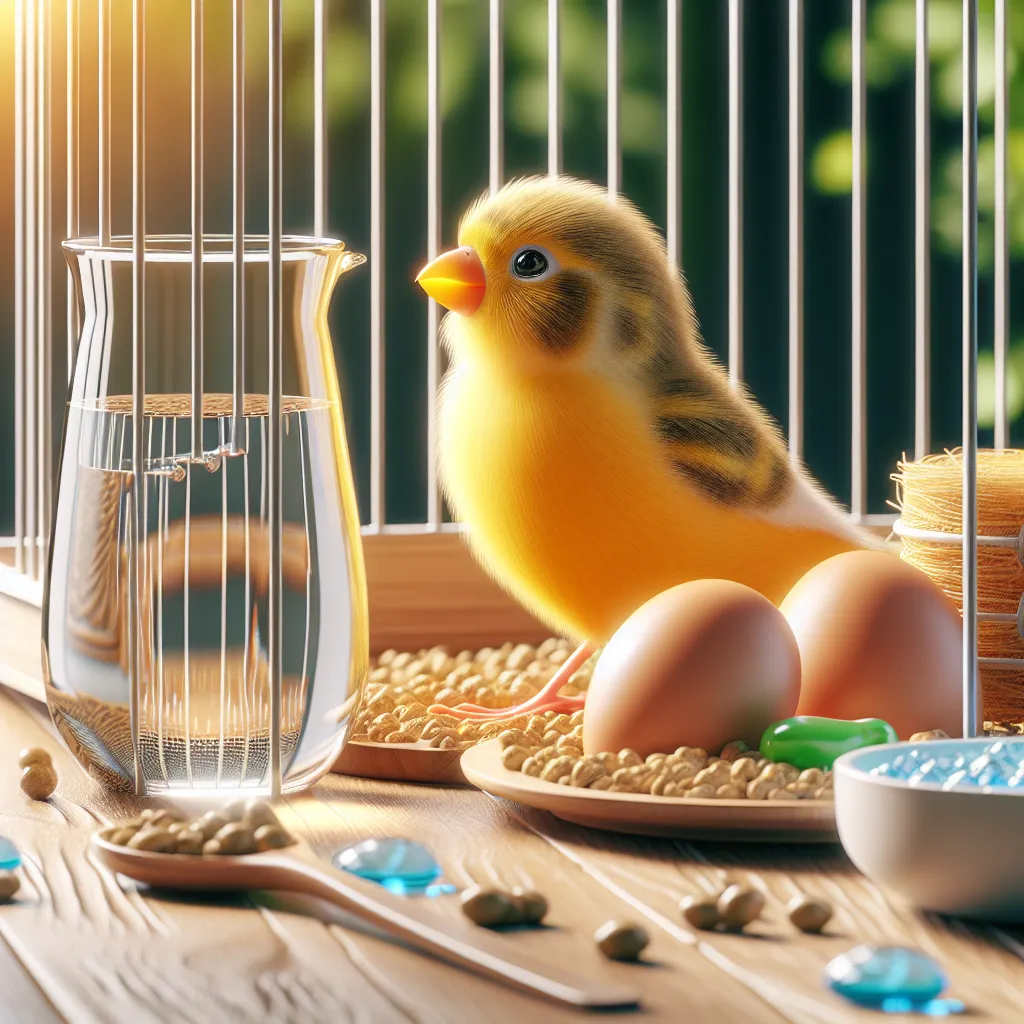 Imagen de un canario en su jaula con agua y comida fresca, representa cuidado y bienestar para los canarios en casa.