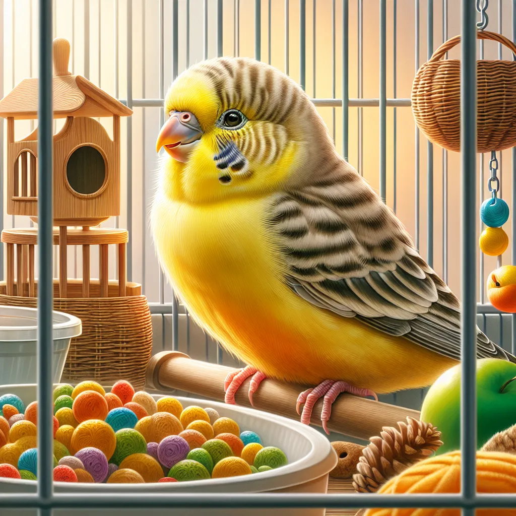Imagen de un canario contento y saludable en su jaula, rodeado de juguetes y comida fresca, ilustrando cómo cuidar adecuadamente a los canarios en casa.