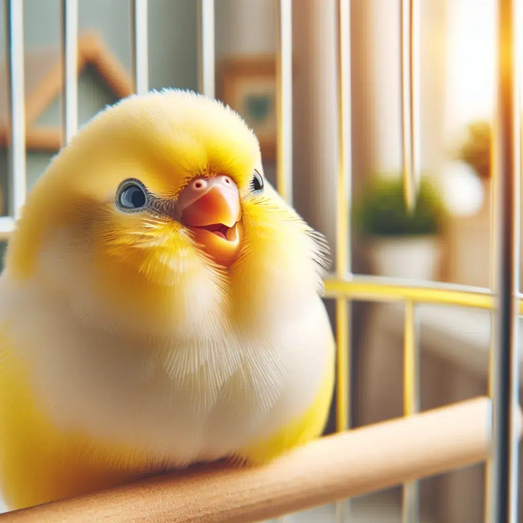 Imagen de un canario feliz y saludable en su jaula en un hogar acogedor.