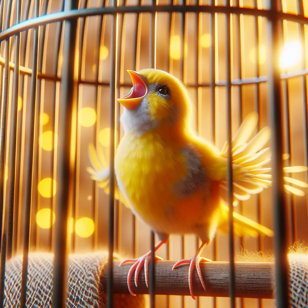 Imagen de un canario cantando feliz en su jaula.