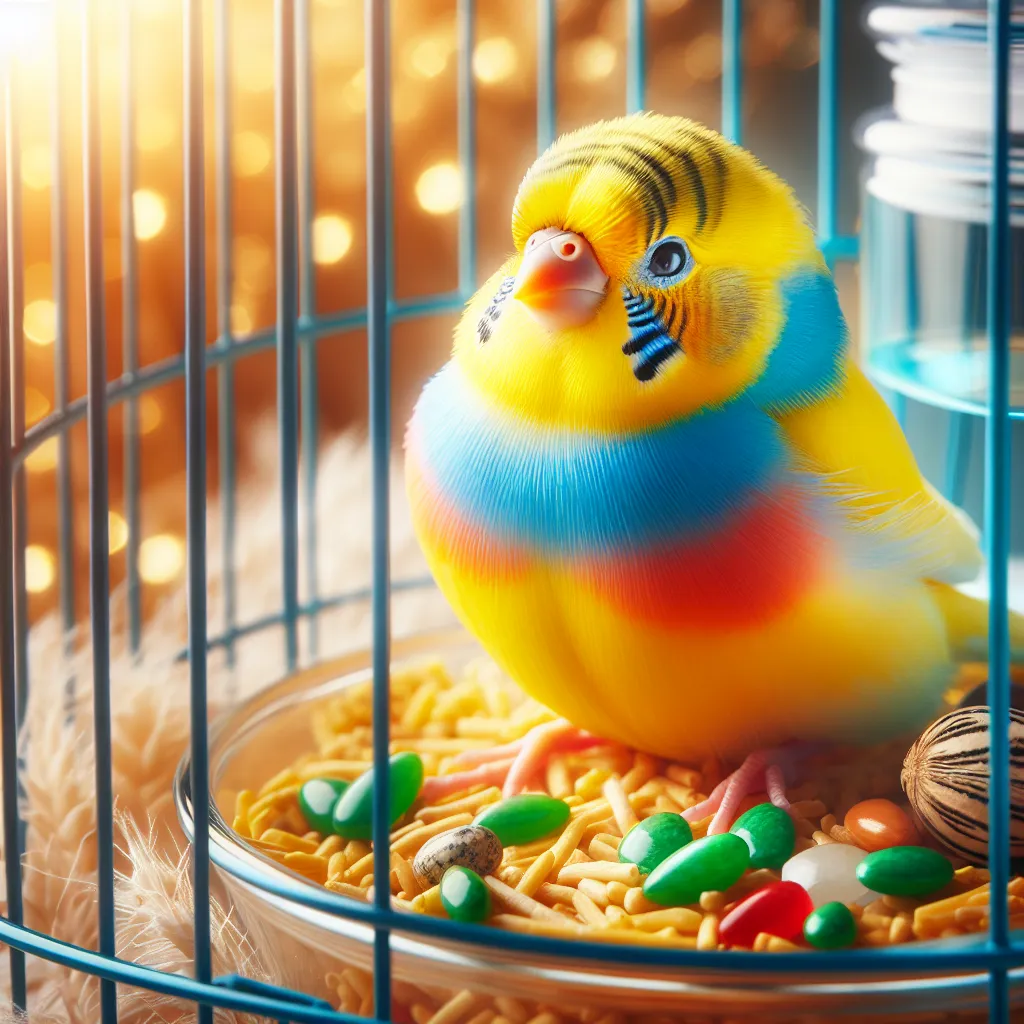 Imagen de un canario colorido en su jaula con comida y agua fresca, en un entorno iluminado y acogedor.