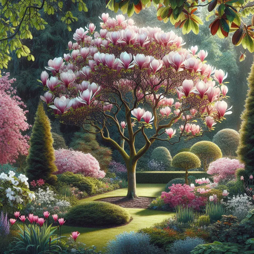 Imagen de un árbol magnolio en un jardín bien cuidado con flores coloridas y hojas verdes