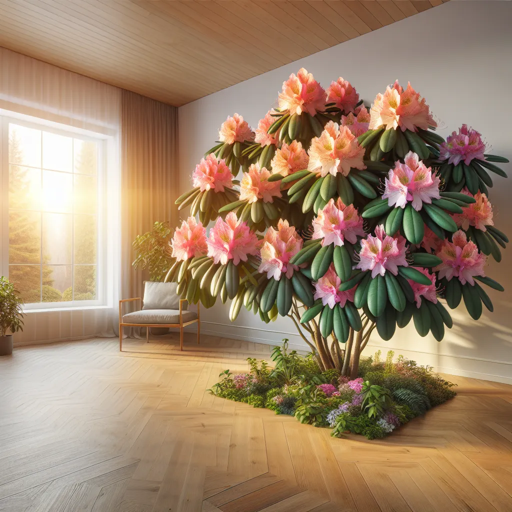 ''Un hermoso rododendro saludable y floreciente en una sala bien iluminada dentro de una casa.''