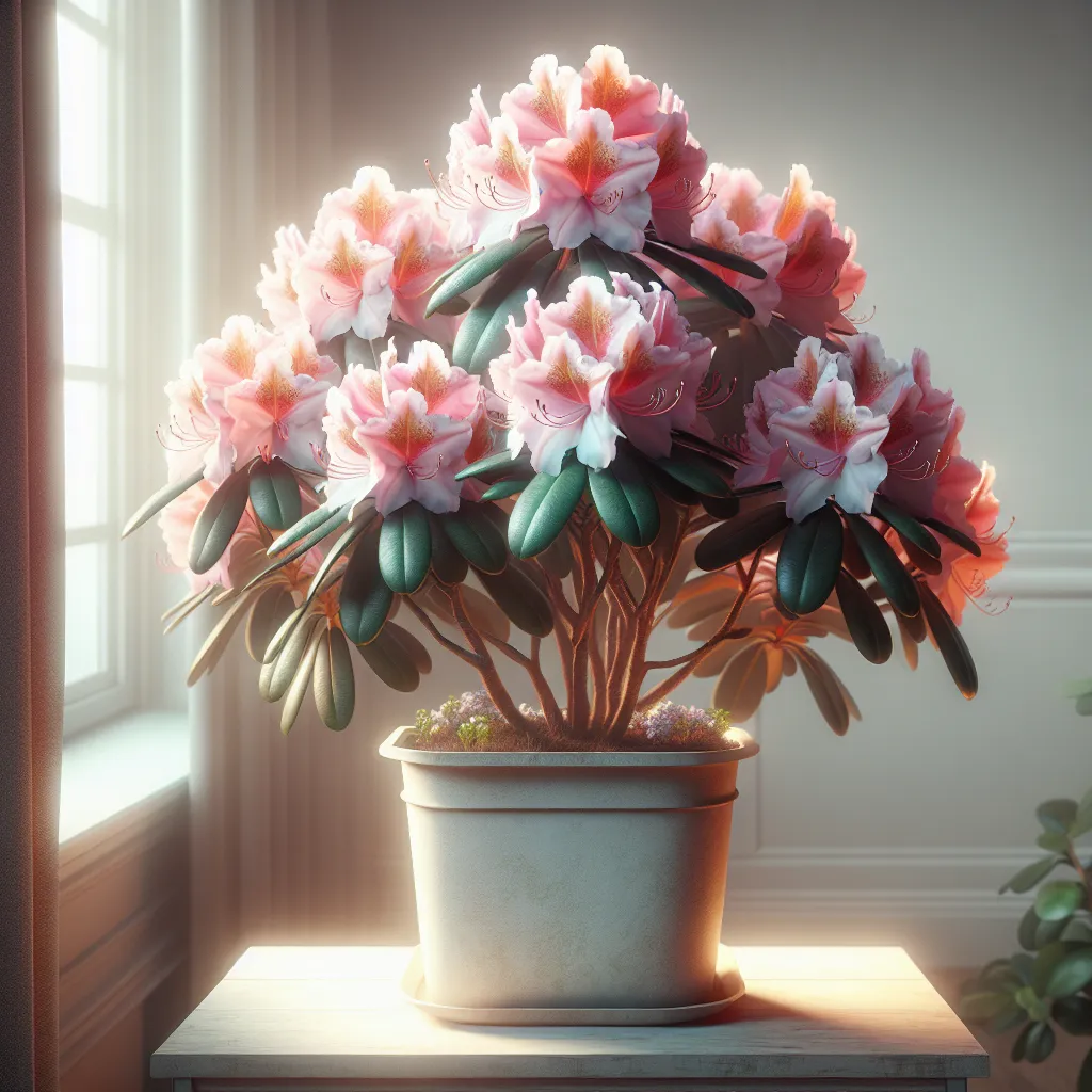 Imagen de un hermoso rododendro floreciendo en el interior de una casa, recibiendo luz indirecta y cuidados especiales para mantener su belleza y salud.