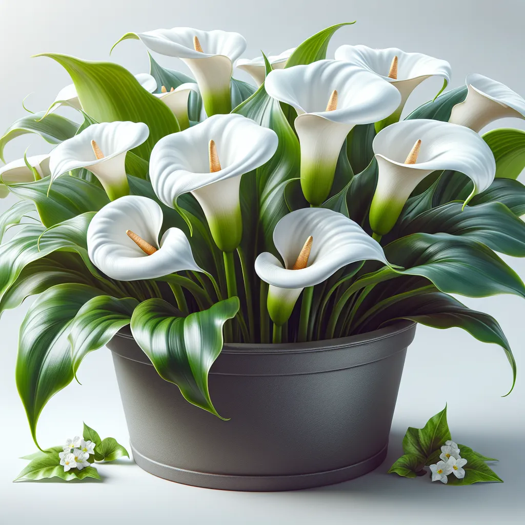 Imagen de una hermosa Cala en maceta, con flores blancas brillantes y hojas verdes exuberantes, destacando su belleza y cuidado adecuado para mantenerla hermosa.