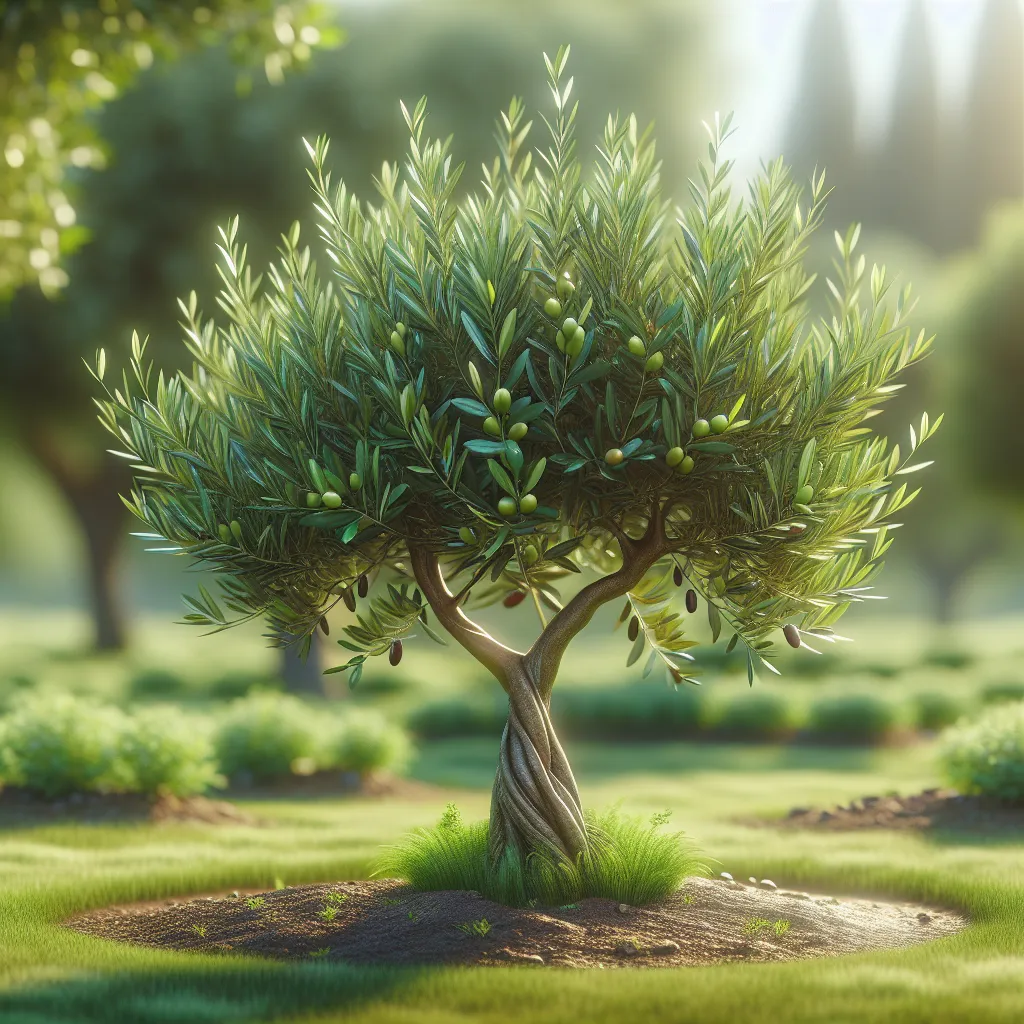 Imagen de un olivo saludable en un jardín bien cuidado, con hojas verdes y brillantes bajo la luz del sol, representando el cuidado adecuado para su crecimiento óptimo.
