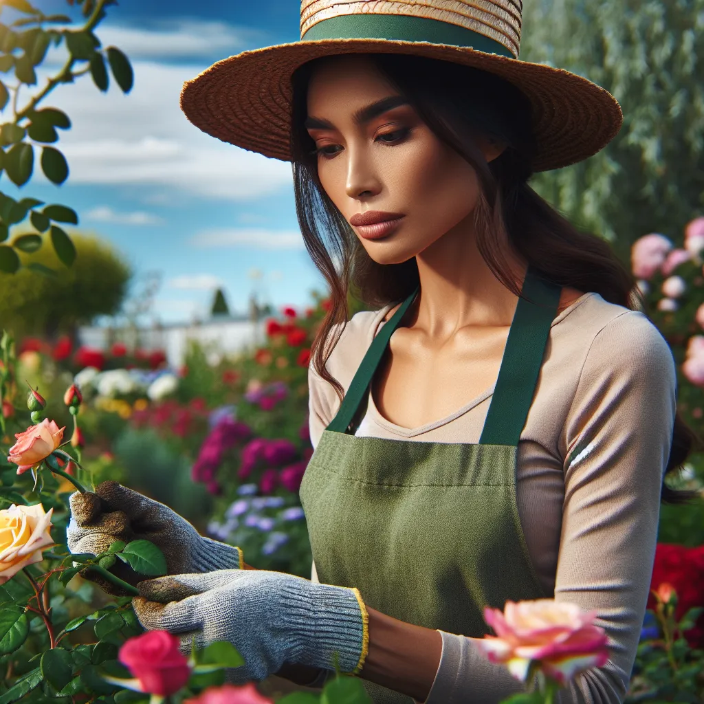 La imagen de un jardinero podando rosas en un jardín florido.