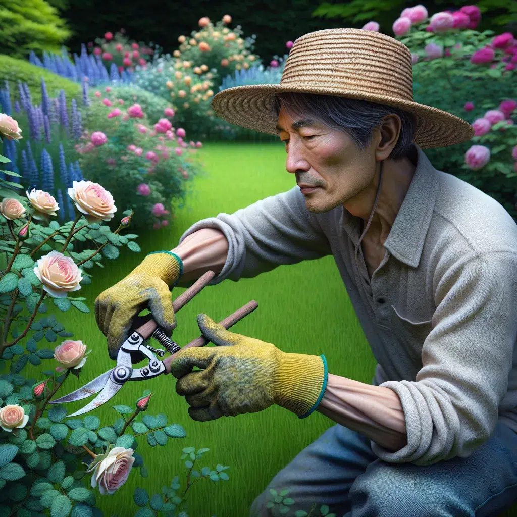 Persona podando un rosal en flor en un jardín.