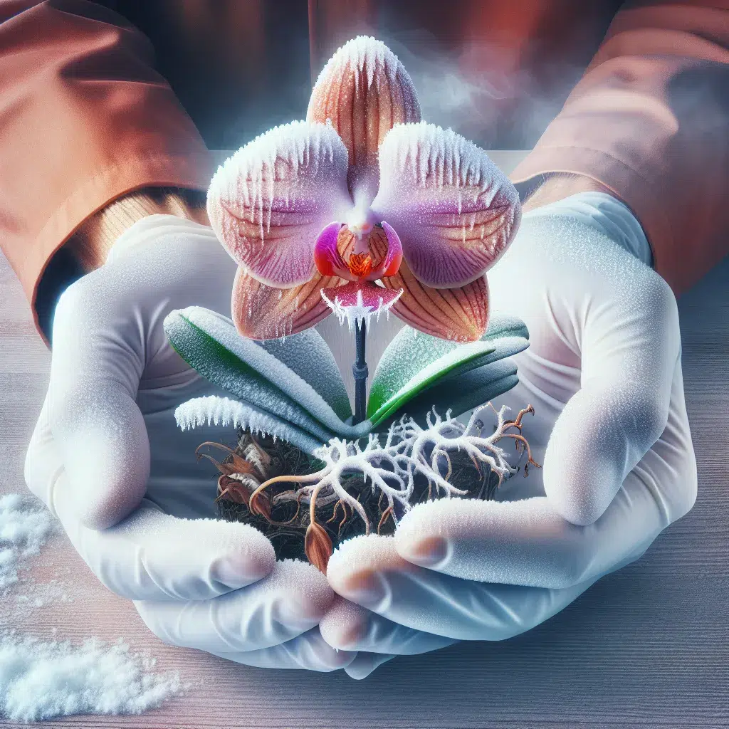 Imagen de una orquídea con cuidados específicos para el invierno, resaltando su belleza y cuidado especial en esta temporada.