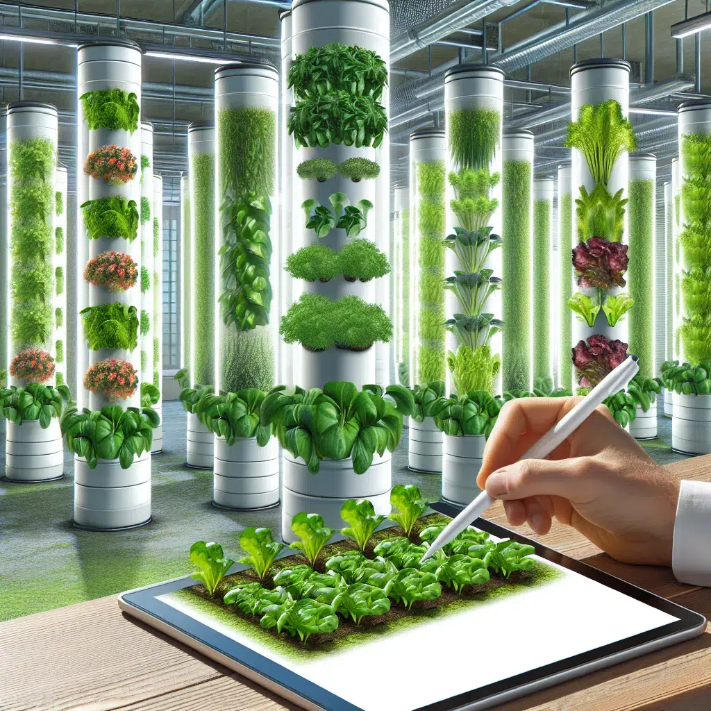 Imagen ilustrativa de un cultivo hidropónico en un sistema de tubos verticales, mostrando plantas verdes y saludables creciendo sin tierra en un entorno limpio y moderno.